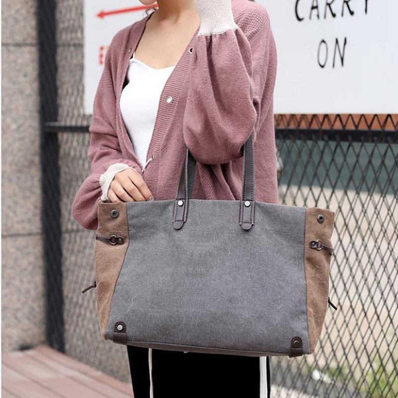 Kvinnor Kvalitet Canvas Casual Stor Kapacitet Färg Block Tote Bag Handväska