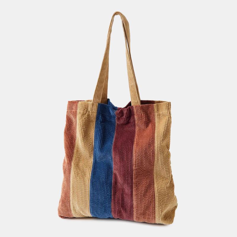 Kvinnor Manchester Färgad Randig Front Pocket Tote Stor Kapacitet Vintage Axelväska Handväska