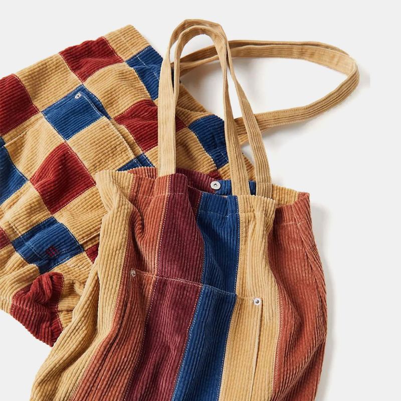 Kvinnor Manchester Färgad Randig Front Pocket Tote Stor Kapacitet Vintage Axelväska Handväska