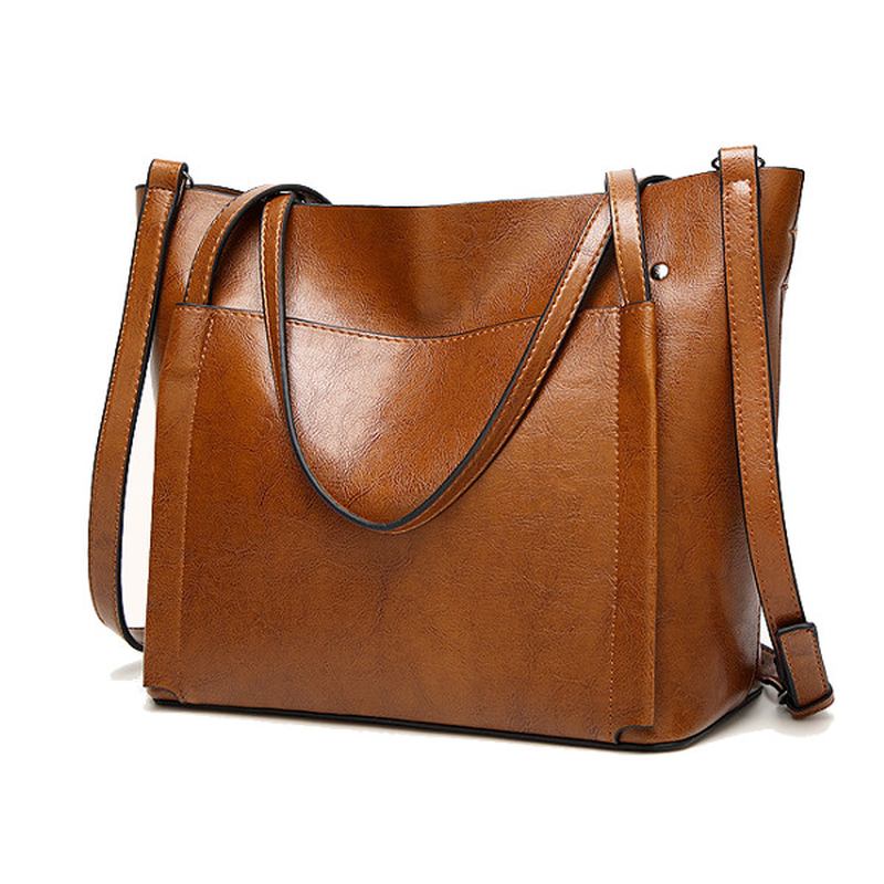 Kvinnor Oljeläder Handväskor Vintage Axelväskor Kapacitet Crossbody-väskor