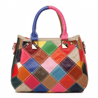 Kvinnor Patchwork Kohud Färgglad Handväska Tote Handväska Crossbody Bag