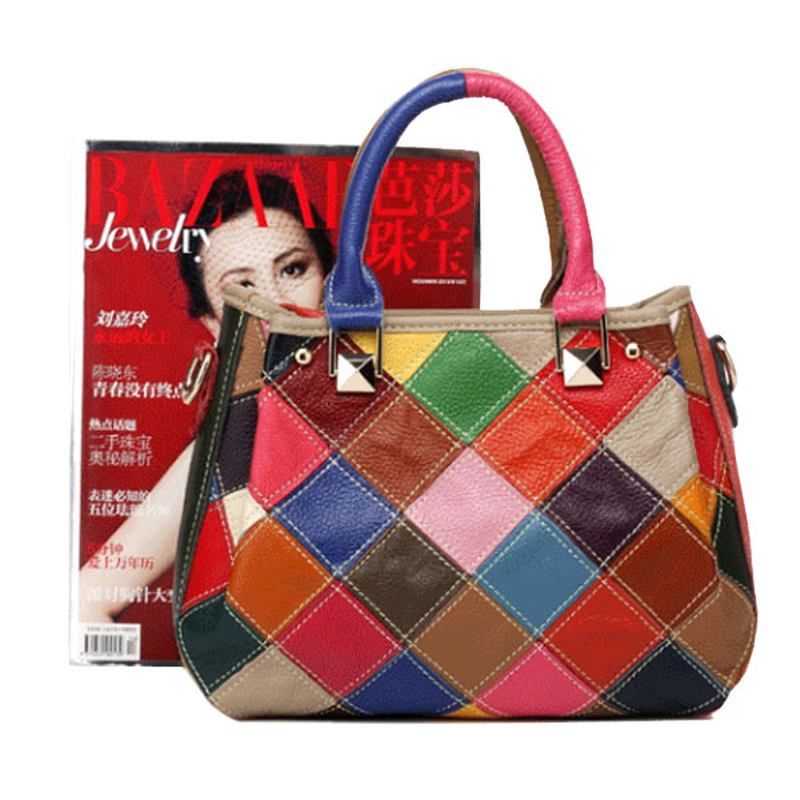Kvinnor Patchwork Kohud Färgglad Handväska Tote Handväska Crossbody Bag