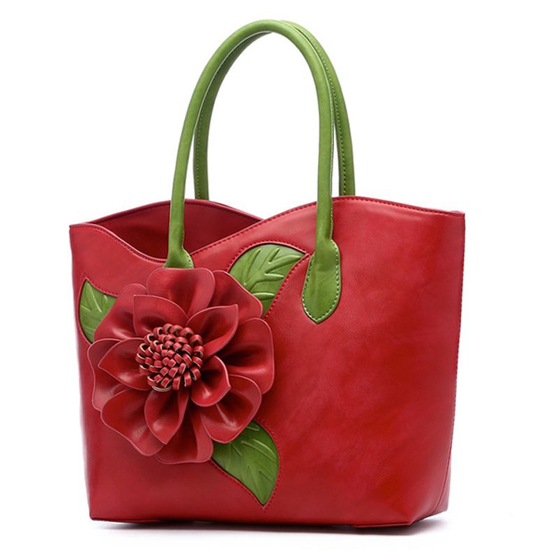 Kvinnor Pu Läder Blomdekoration Elegant Handväska Sling Bag National Style Tote Bag