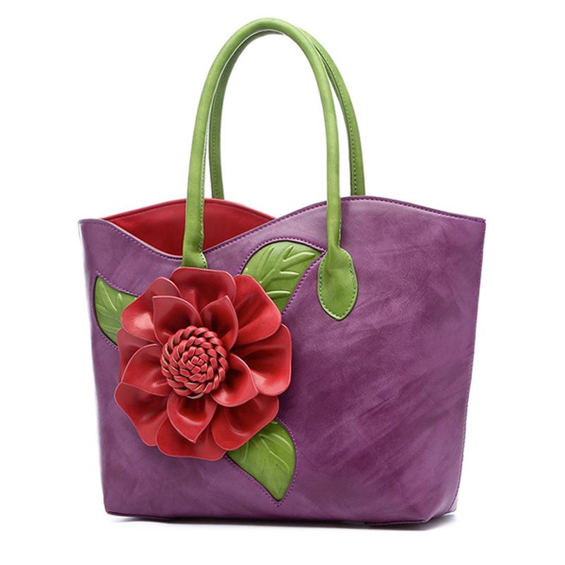Kvinnor Pu Läder Blomdekoration Elegant Handväska Sling Bag National Style Tote Bag