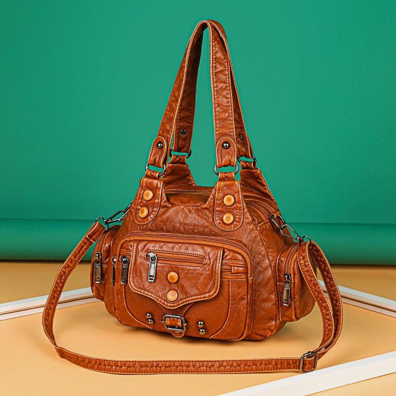 Kvinnor Pu-läder Stor Kapacitet Multi-pocket Nit Dekoration Retro Mjuk Tote Handväskor Crossbody-väskor
