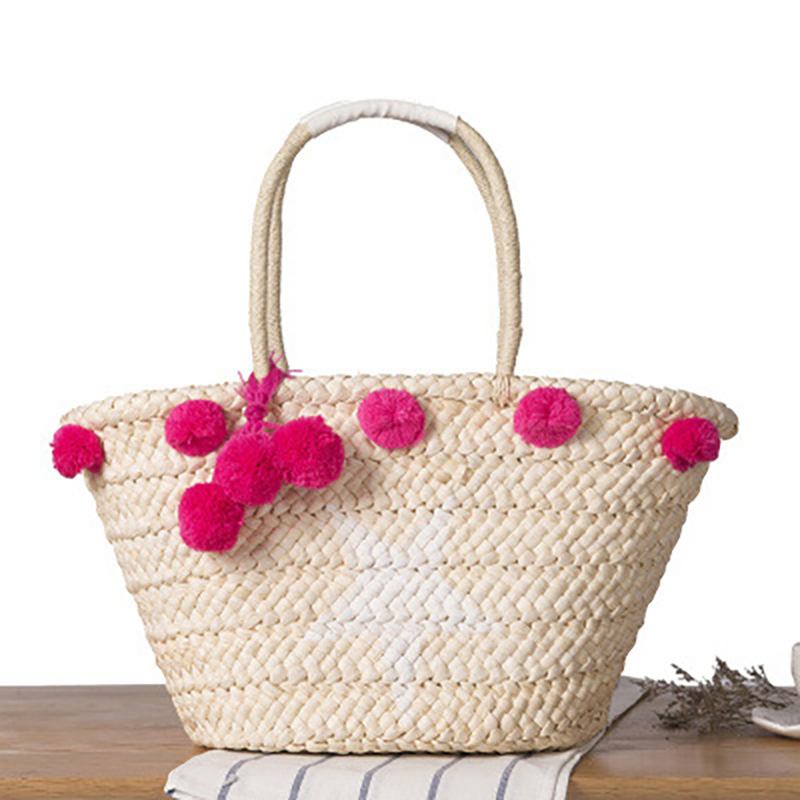 Kvinnor Vävd Halm Beach Handväska Travel Plysch Ball Bag Tote Bag