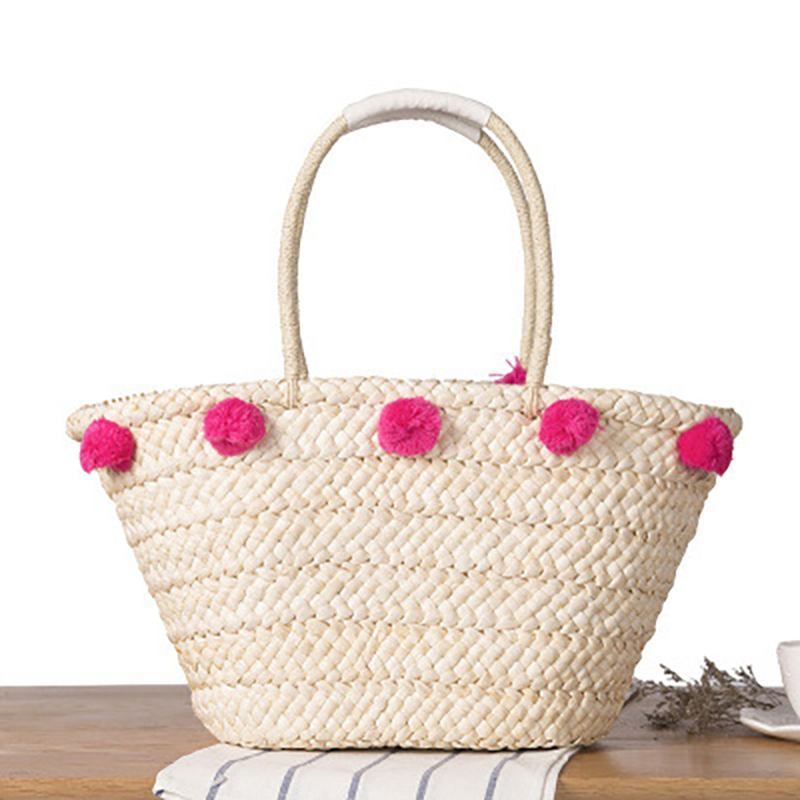 Kvinnor Vävd Halm Beach Handväska Travel Plysch Ball Bag Tote Bag