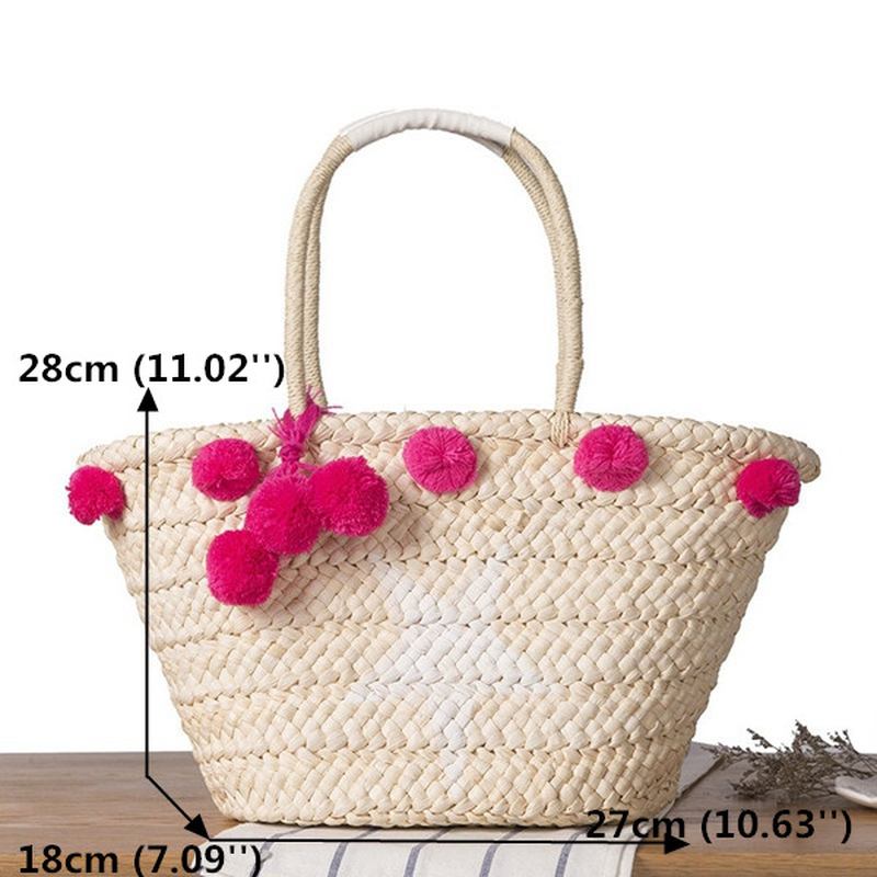 Kvinnor Vävd Halm Beach Handväska Travel Plysch Ball Bag Tote Bag