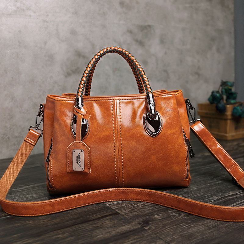 Kvinnor Vintage Handväska Oljevax Läder Tre-lager Crosssbody Bag