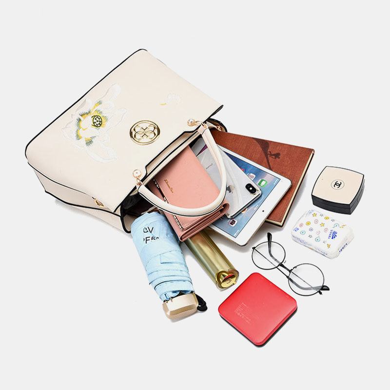 Kvinnor Vintage Kinesisk Stil Gardenia Blommor Brodered Handväska Stor Kapacitet Multi-pocket Multi-carry Pu Leahter Crossbody-väska