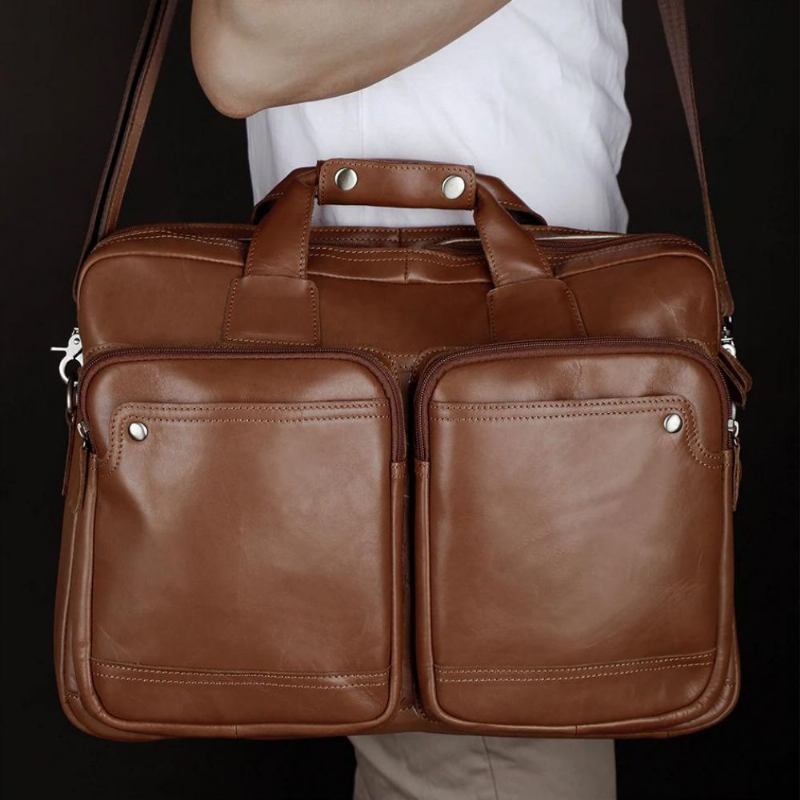 Stöldskyddshandväska För Män Med Dubbla Lager Fickor Retro Multi-pocket 13.3 Tums Bärbar Datorväska Crossbody Axelväskor