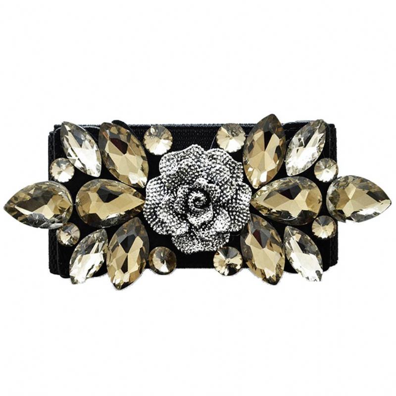 Bröllopsfest Kvinnor Mode Blommor Spänne Rhinestone Elastisk Bred Clinch Bälte