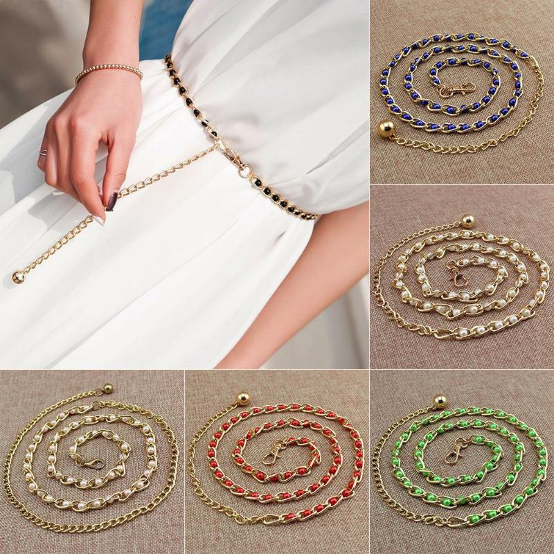 Kvinnor Faux Pearl Metal Tunn Midja Kedja Bälte Bead Tie Midjeband Strap Mode