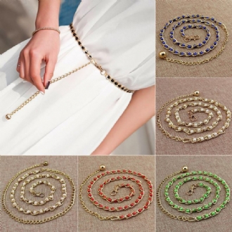 Kvinnor Faux Pearl Metal Tunn Midja Kedja Bälte Bead Tie Midjeband Strap Mode