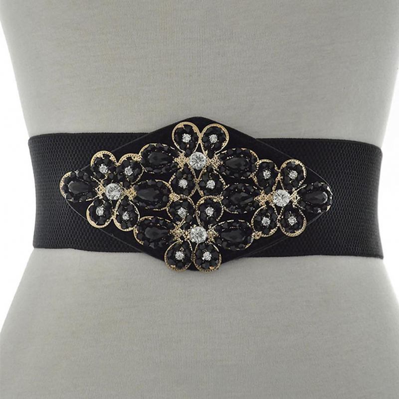 Kvinnor Handgjorda Strass Inlagda Blomma Brett Midja Bälte Elastisk Klänning Midjeband