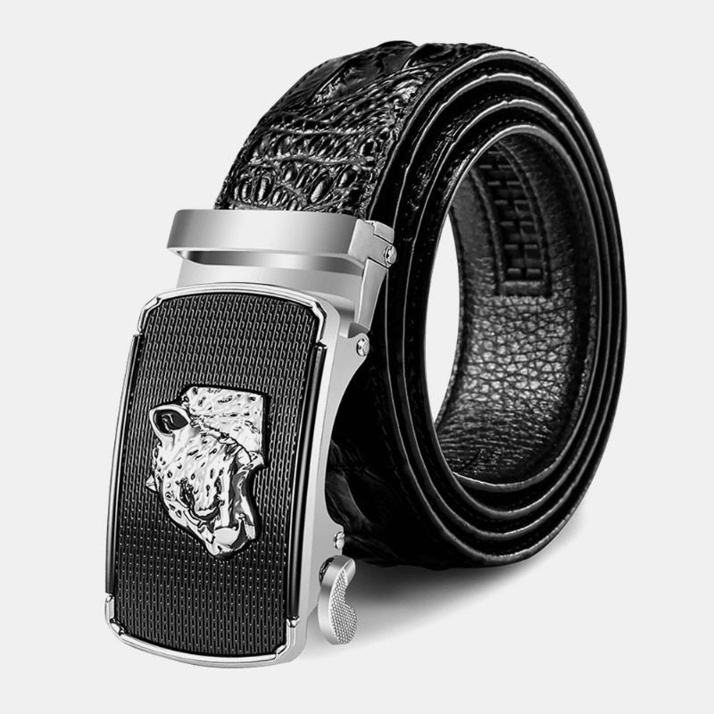 Män Krokodilmönster I Äkta Läder 125 cm Spärrklänning Bälte Leopardhuvud Automatiskt Spänne Business Jeans Kostymer Kohudsbälte
