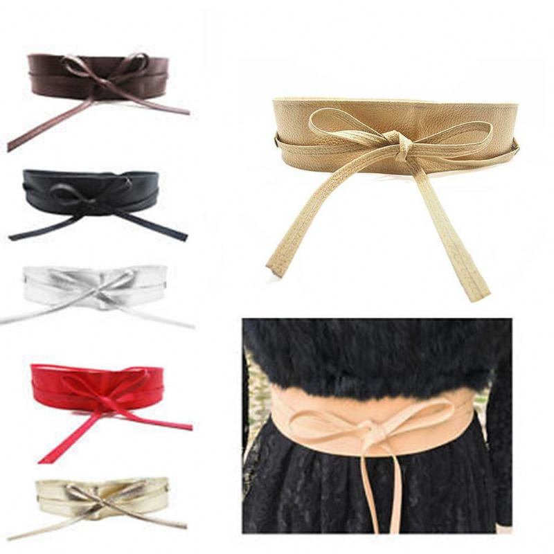 Mode Enfärgad Konstläder Midjebälte Wrap Tie Bred Korsett Klänning Dekor