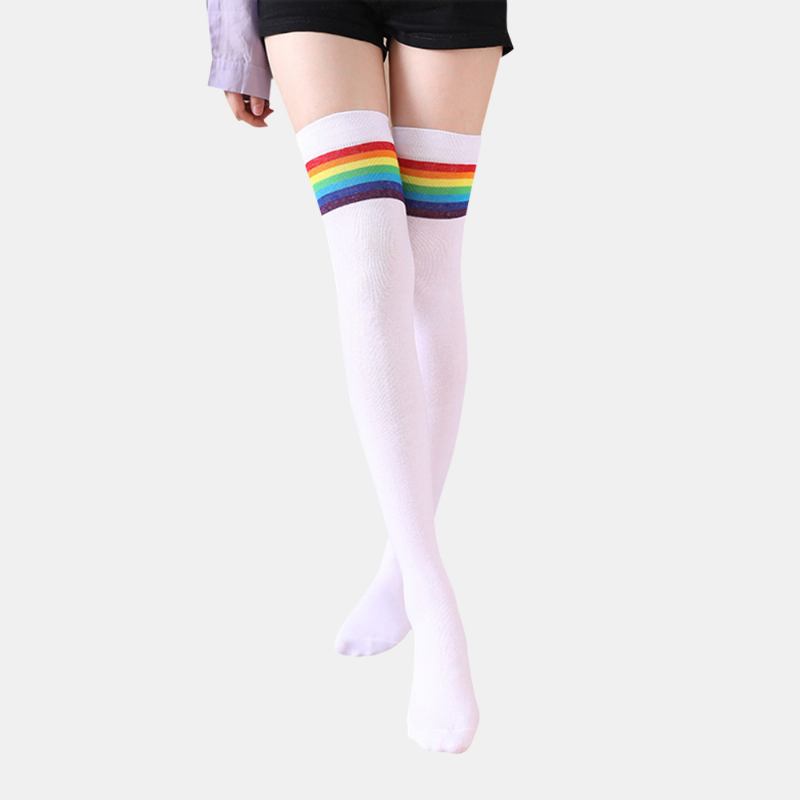 Dam Bomull Regnbåge Randmönster Casual Universal Over Knee Leggings Lårstrumpor Strumpor