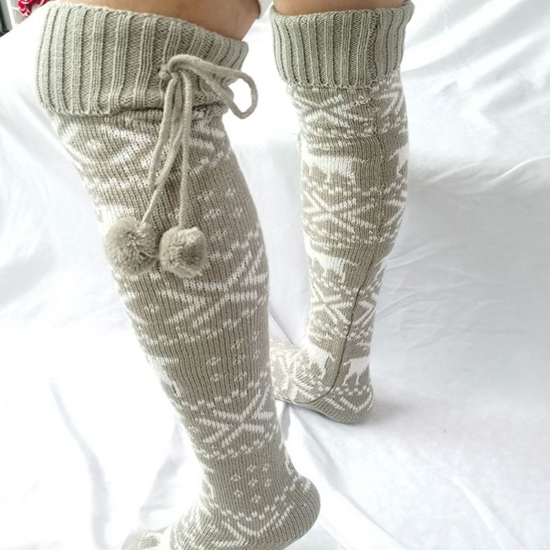 Kvinnor Bomull Jul Festligt Älgmönster Varma Leggings Över Knä Strumpor Med Ludd