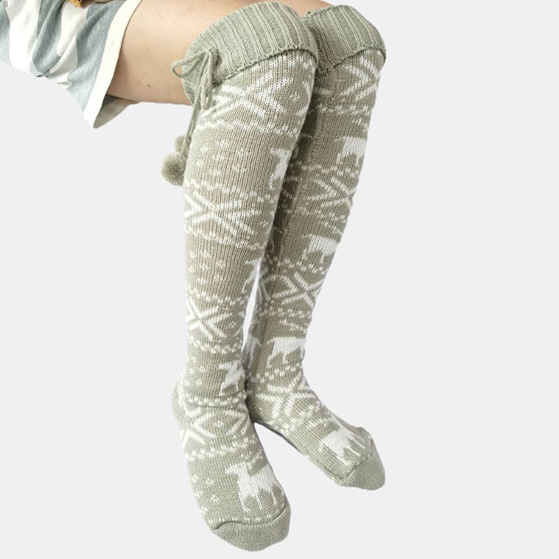 Kvinnor Bomull Jul Festligt Älgmönster Varma Leggings Över Knä Strumpor Med Ludd