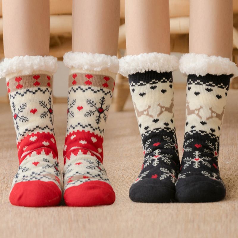Kvinnor Varm Vinter Utomhus Jul Stil Snöflinga Mönster Plus Velvet Thicken Hem Sovstrumpor Rörstrumpor