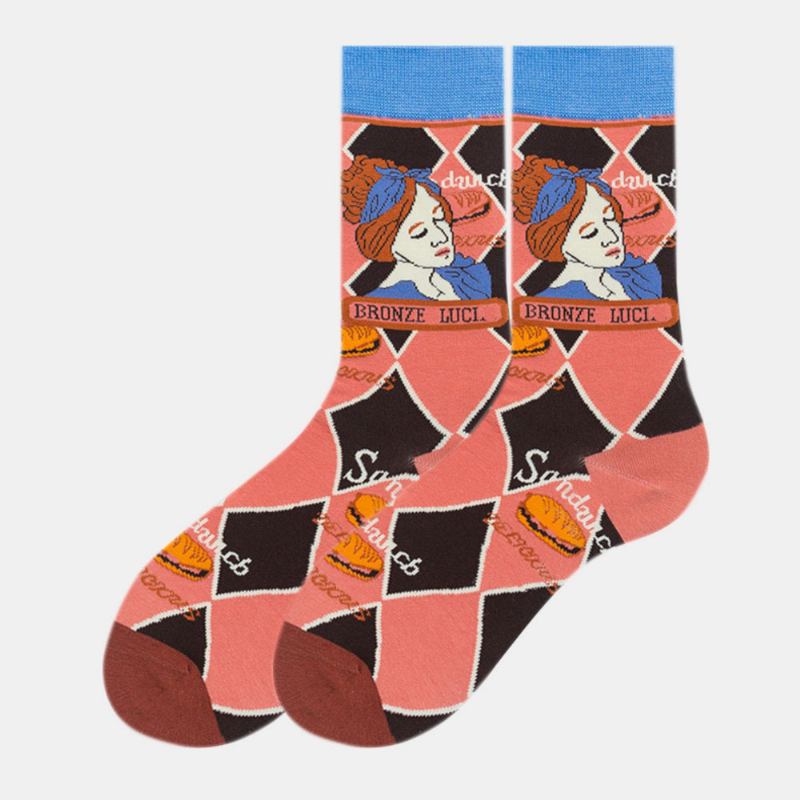Unisex Japan Style Creative Illustration Patchwork Färg Söta Par Tube Strumpor