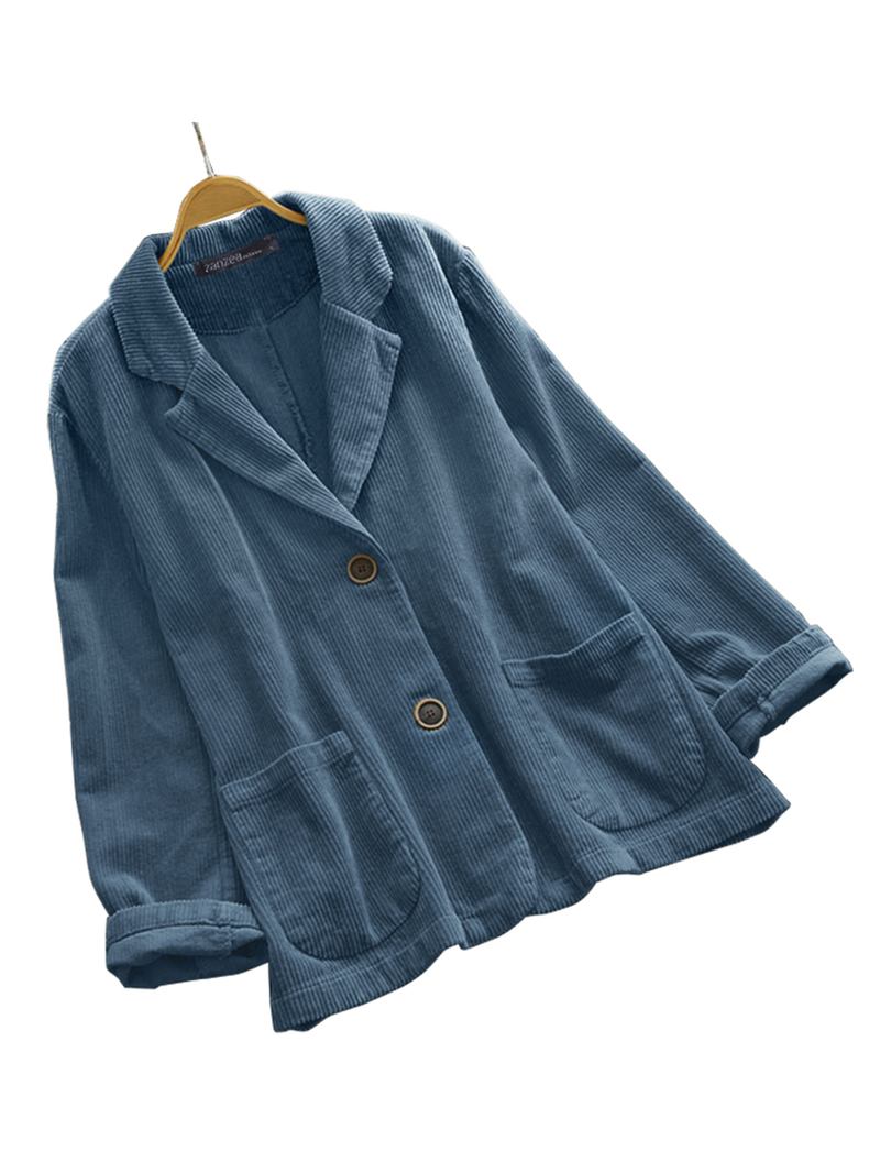 Kvinnor Corduroy Lapel Solid Retro Lös Casual Suit Framfickor Ytterkläder