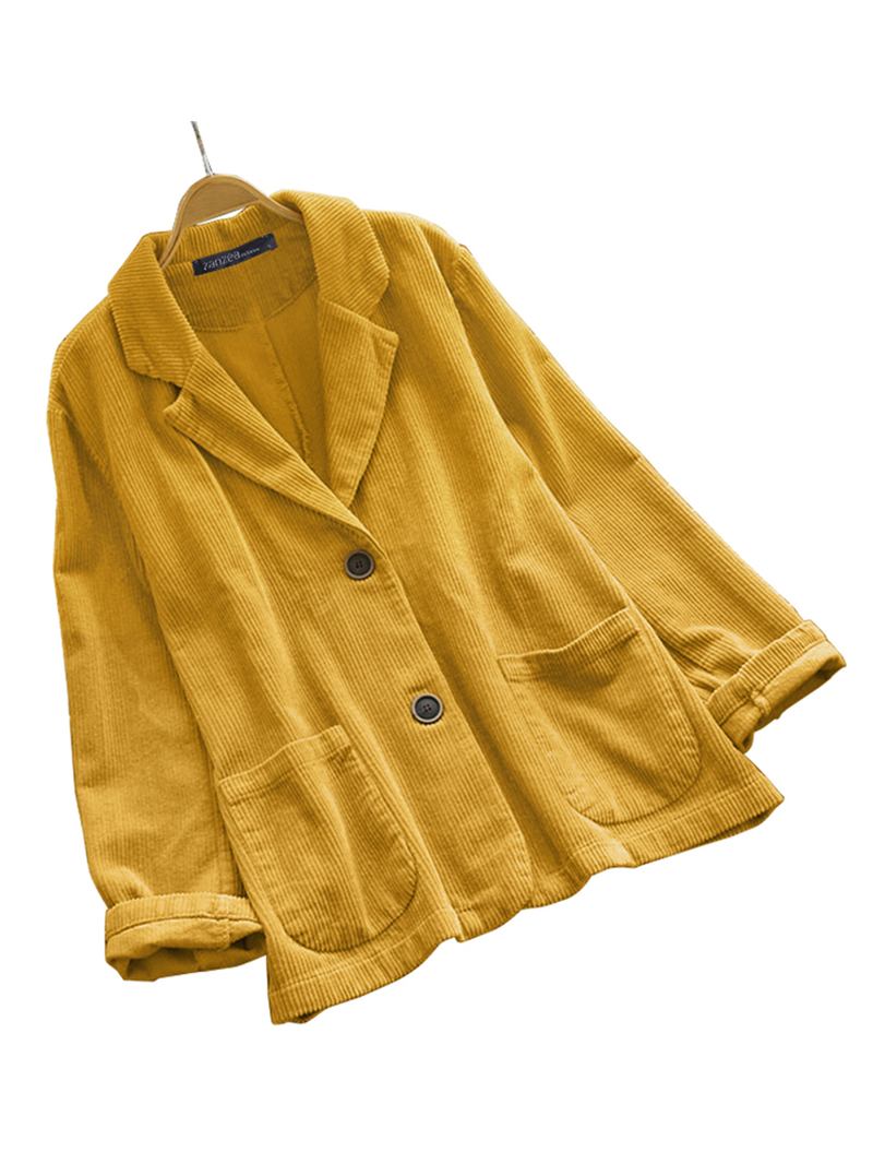 Kvinnor Corduroy Lapel Solid Retro Lös Casual Suit Framfickor Ytterkläder