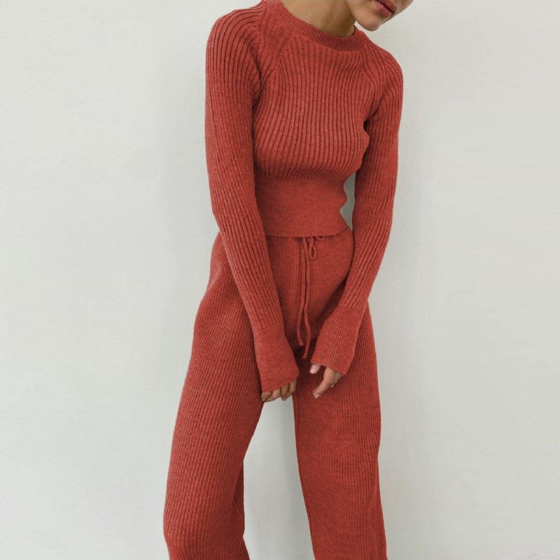 Casual Mode Stickad Topp Och Byxor Tvådelad Set Loungewear Kvinnor Matchande Set