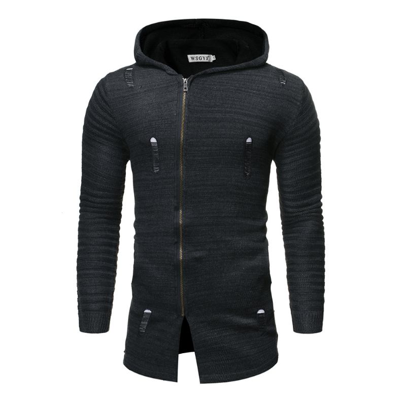 Casual Stickad Tröja För Män Diagonal Pull Hole Hooded Cardigan Sweater Herr
