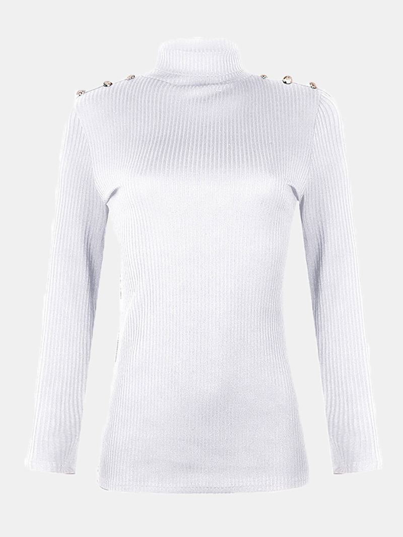 Dam Turtleneck Enfärgad Knapp Långärmad Basic Tröja