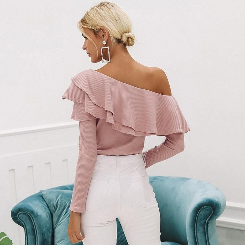 En Axel Volanger Blus Skjorta Kvinnor Sexiga Smala Långärmade Toppar Stickad Elegant Bomull Blusas Ny Mode Toppkläder
