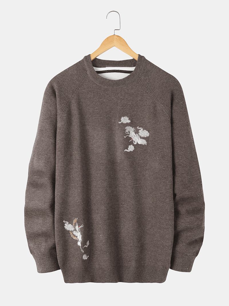 Herr Chinoiserie Crane Broderi Raglan Sleeve Varma Stickade Tröjor