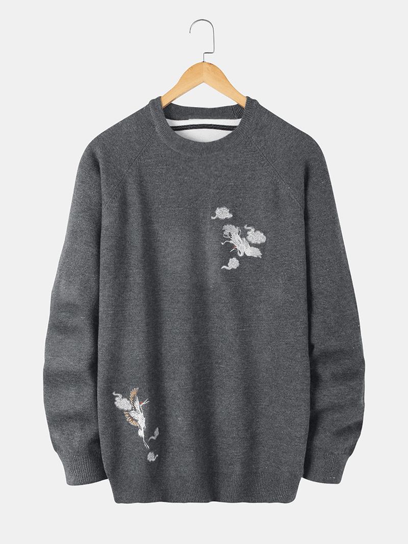 Herr Chinoiserie Crane Broderi Raglan Sleeve Varma Stickade Tröjor