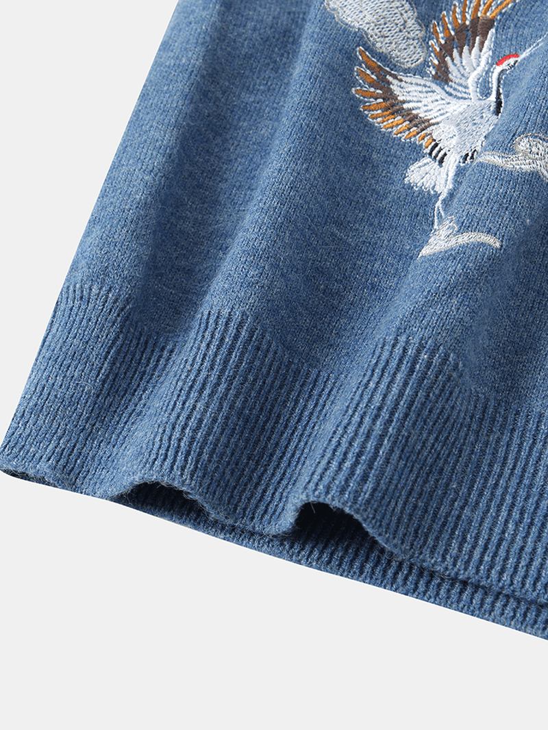 Herr Chinoiserie Crane Broderi Raglan Sleeve Varma Stickade Tröjor