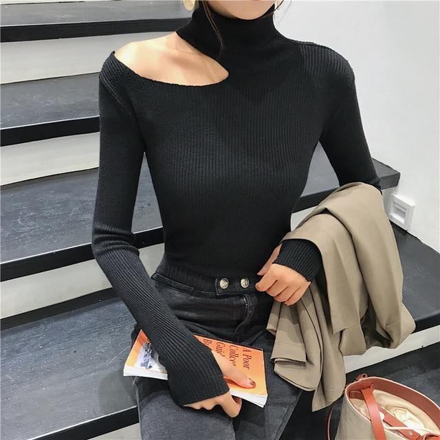 Höst Vinter Dam Tröjor Stickad Elasticitet Hollow Out Turtleneck Damtröjor Jj3231