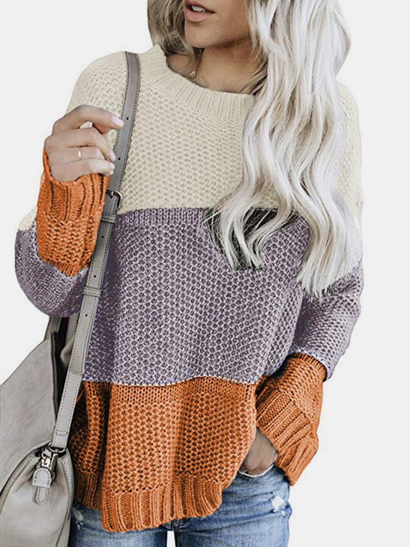 Kvinnor Kontrastfärg Patchwork Rund Hals Långärmad Stickad Casual Tröja