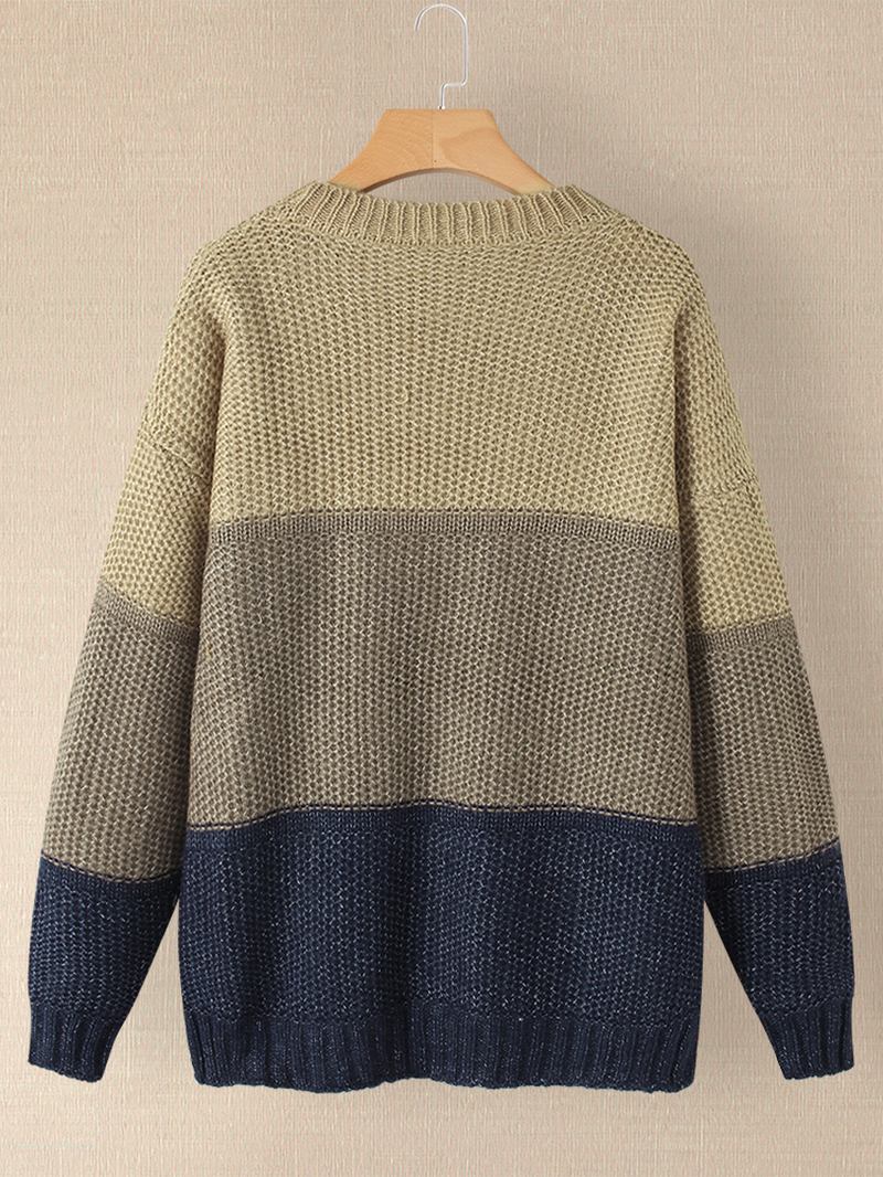Kvinnor Kontrastfärg Patchwork Rund Hals Långärmad Stickad Casual Tröja
