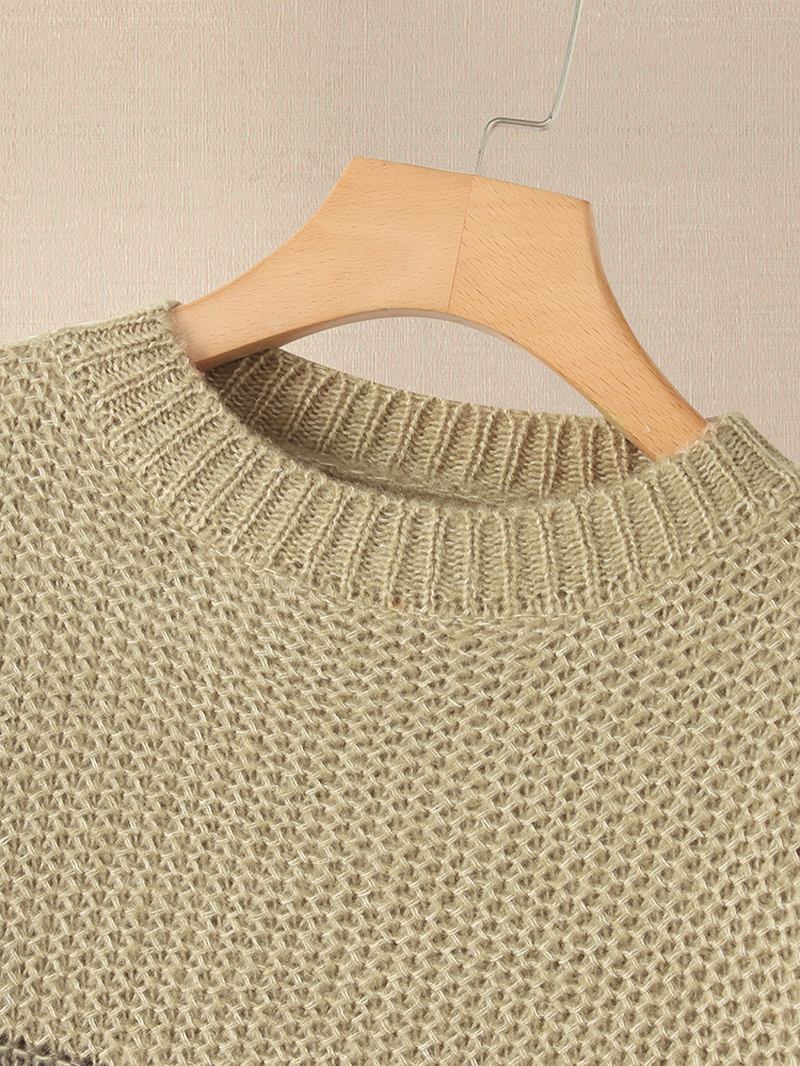 Kvinnor Kontrastfärg Patchwork Rund Hals Långärmad Stickad Casual Tröja