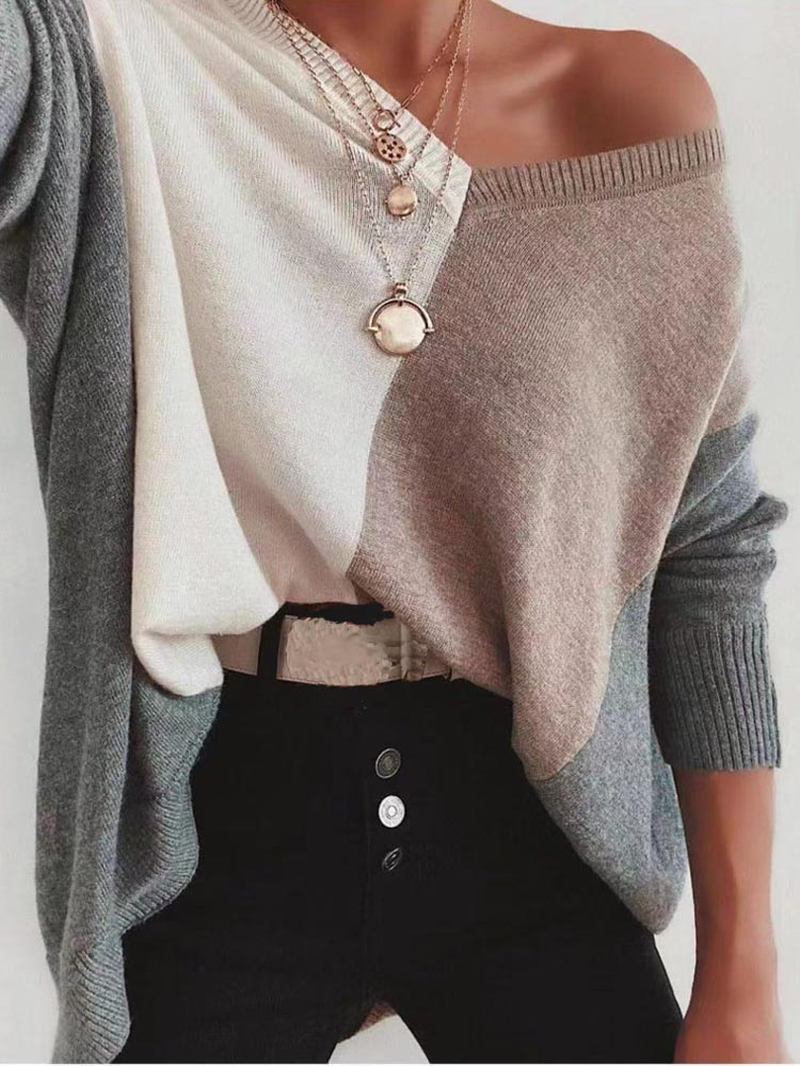 Kvinnor Patchwork Colorblock Drop Sleeve V-hals Lös Daily Sweater