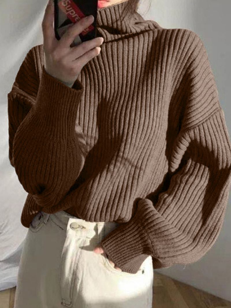 Kvinnor Solid Casual Puff Sleeve Ve Hemtrevlig Tjocka Tröjor