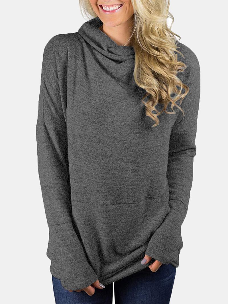Kvinnor Stickade Höghalsade Långärmade Casual Pullover-tröjor Med Ficka