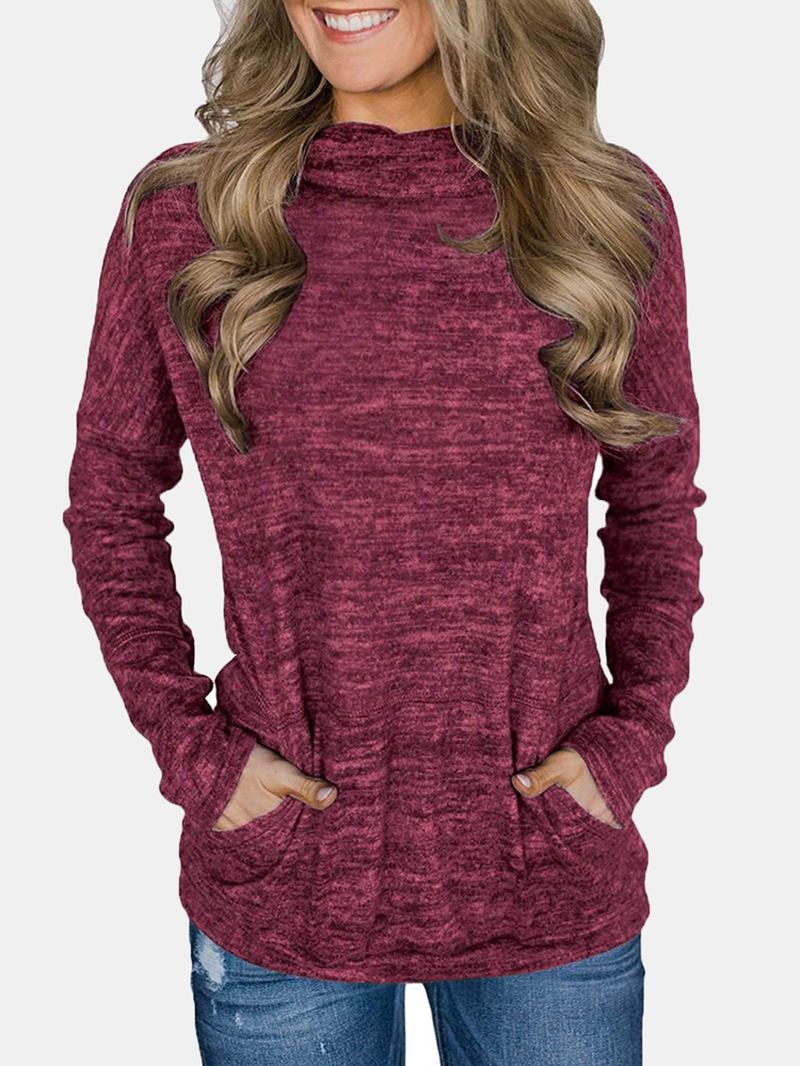 Kvinnor Stickade Höghalsade Långärmade Casual Pullover-tröjor Med Ficka