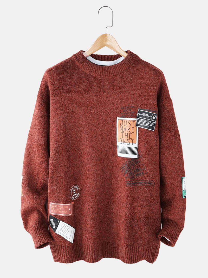 Män Letter Label Med Tryck Rund Hals Drop Shoulder Pullover Stickade Tröjor