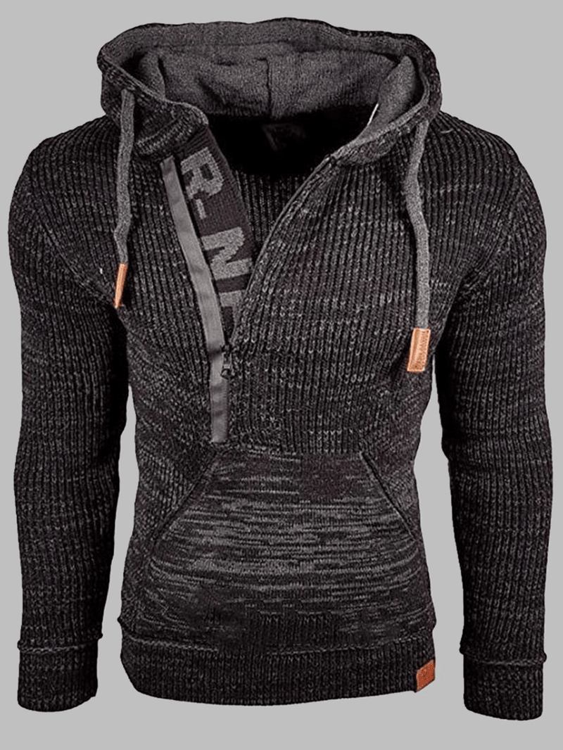 Män Letter Mönster Dragkedja Front Hood Sweaters Med Ficka