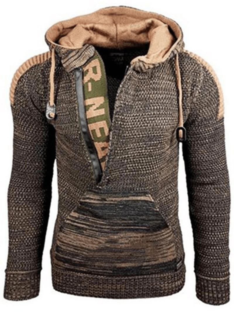 Män Letter Mönster Dragkedja Front Hood Sweaters Med Ficka