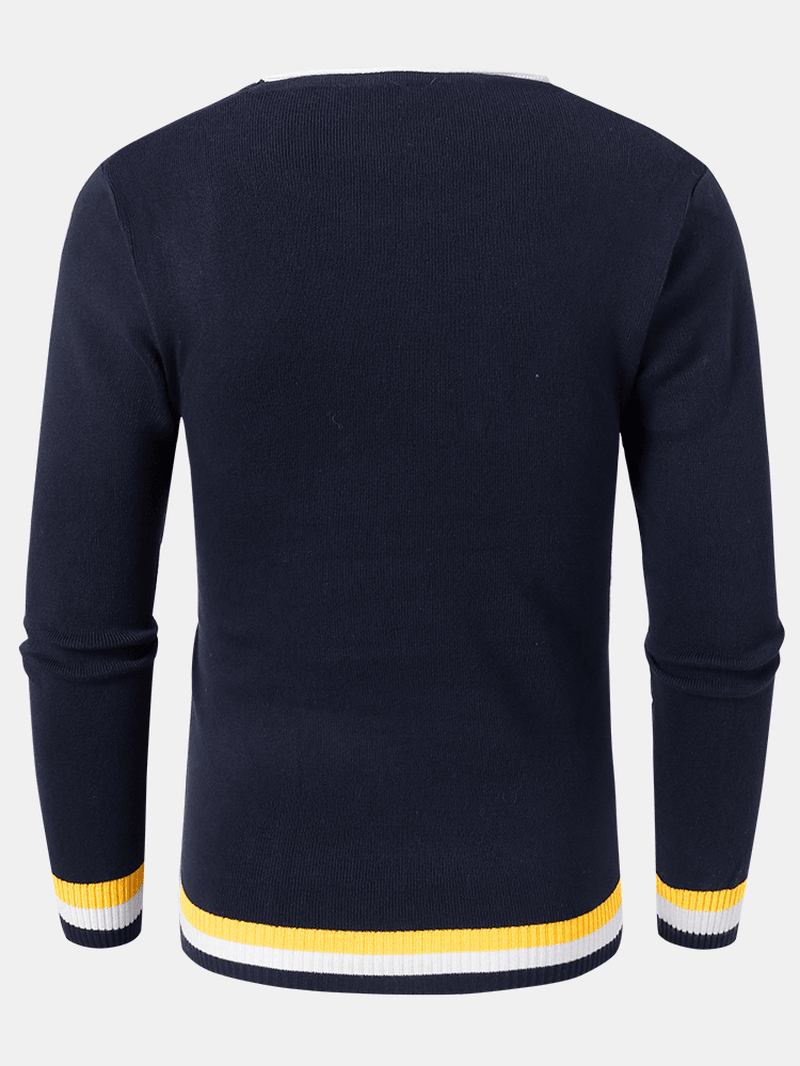 Män Stickad Kontrast Ribb Rund Hals Långärmad Pullover Tröjor