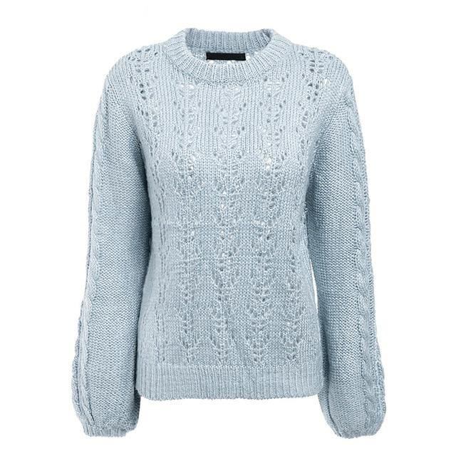 O Ncek Ihåliga Stickade Tröjor Dam Lanternärm Gula Pullovers Tröja Casual Lös Vintertröja Dam