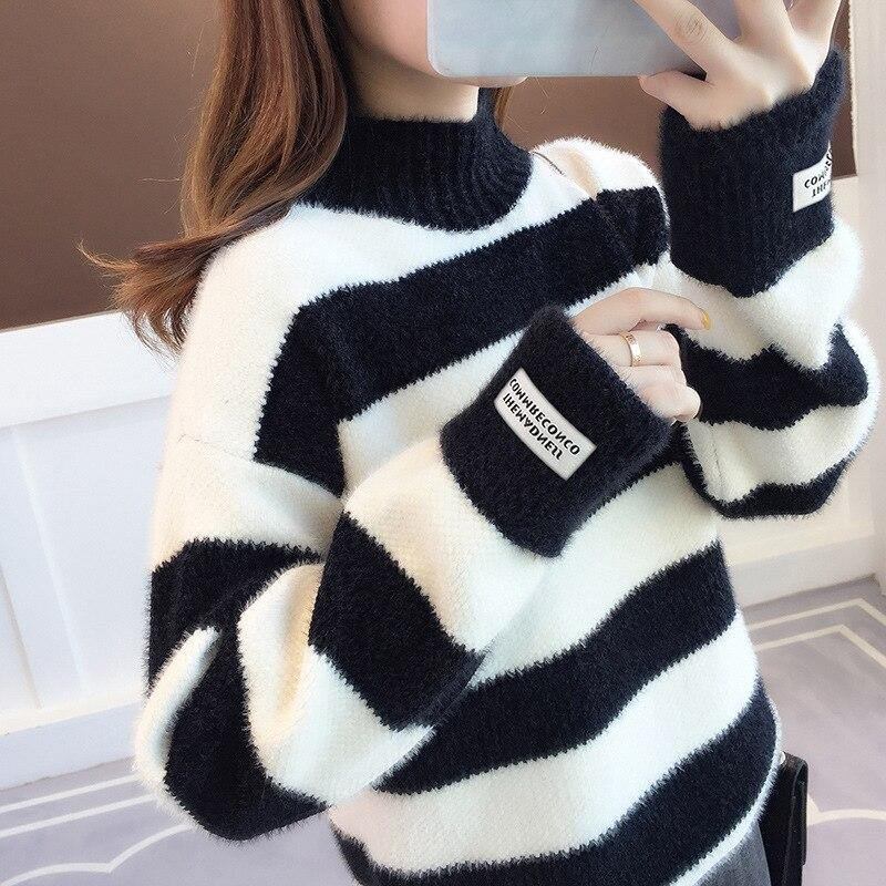 Tröja Dam Turtleneck Pullover Jumper Stripe Tjock Tröja Imiterad Minkull Tröja Sweter Damkläder