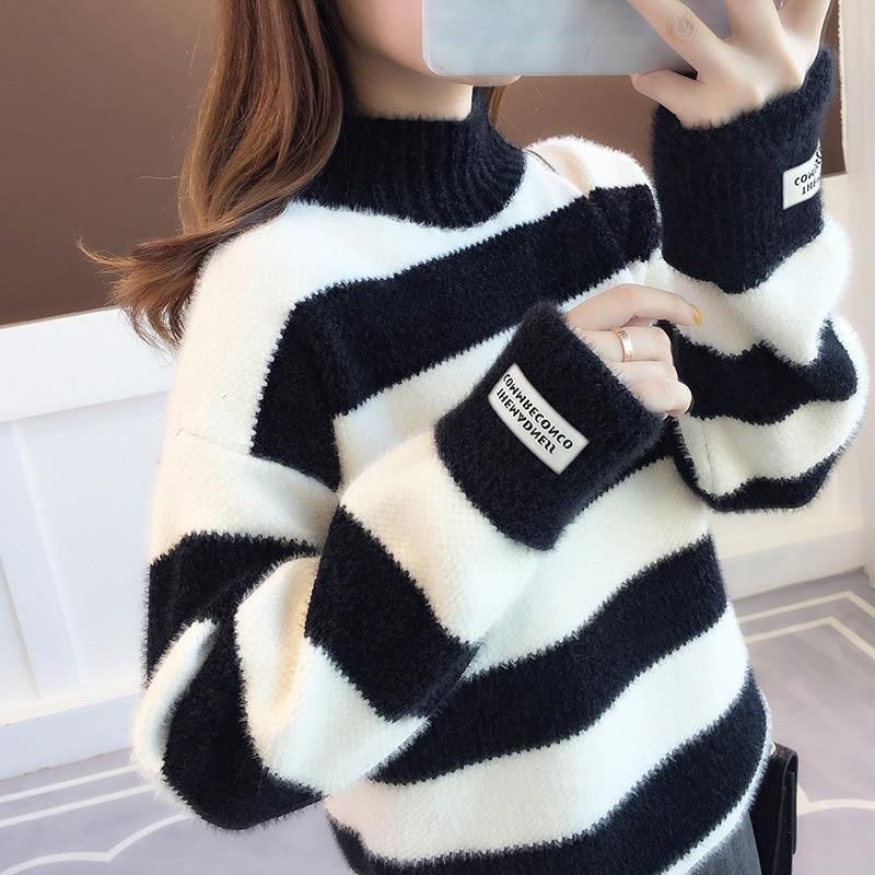 Tröja Dam Turtleneck Pullover Jumper Stripe Tjock Tröja Imiterad Minkull Tröja Sweter Damkläder
